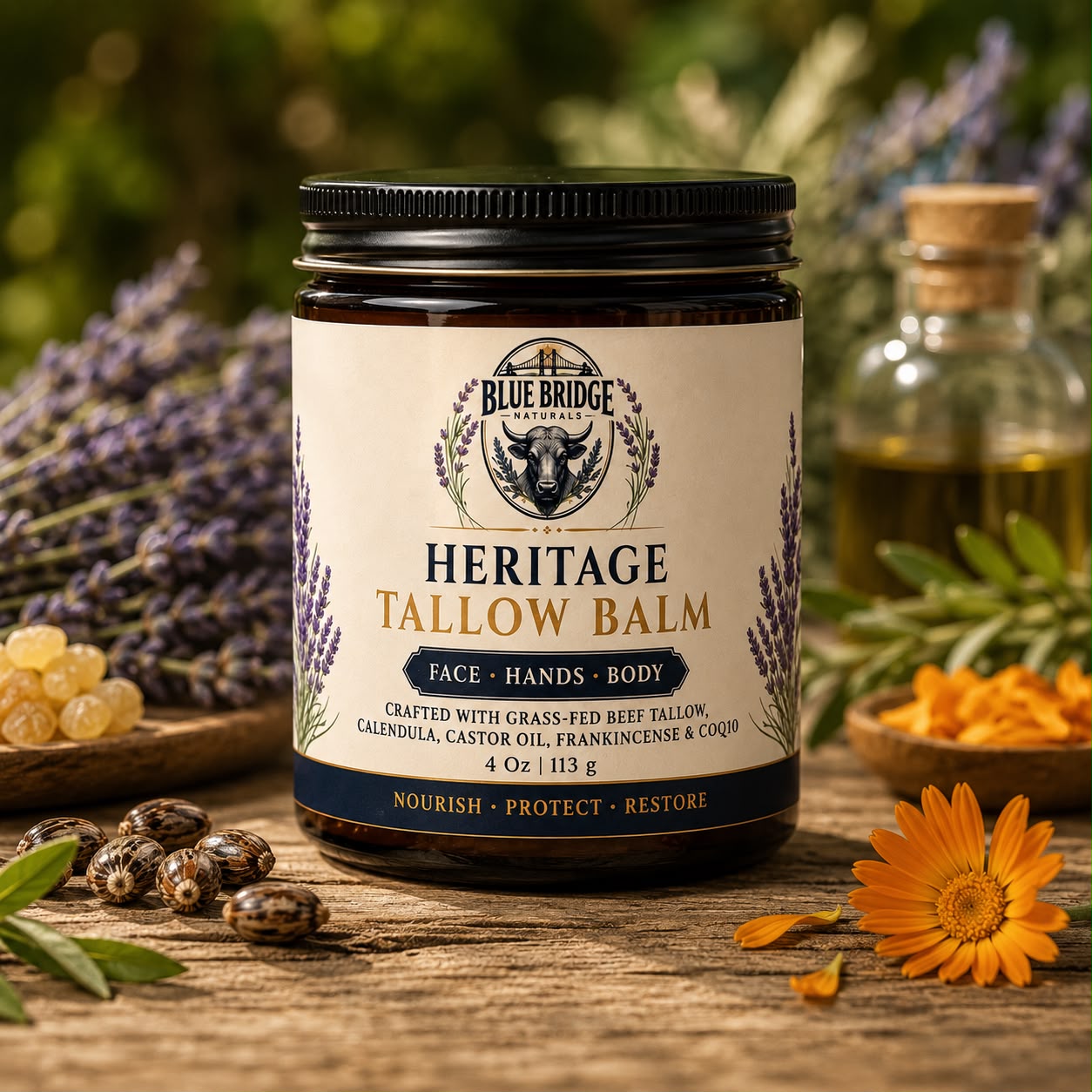 BlueBridge Naturals Heritage Whipped Tallow Balm – Grass-Fed Beef Tallow with Calendula, Jojoba Oil, Castor Oil, Frankincense & CoQ10 – Face, Hands & Body Moisturizer – 4 oz