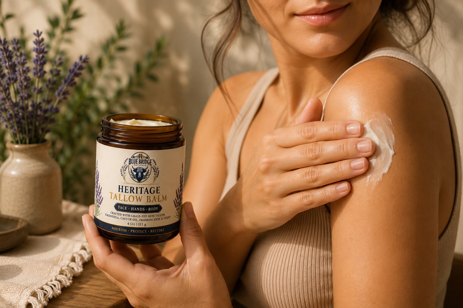 BlueBridge Naturals Heritage Whipped Tallow Balm – Grass-Fed Beef Tallow with Calendula, Jojoba Oil, Castor Oil, Frankincense & CoQ10 – Face, Hands & Body Moisturizer – 4 oz